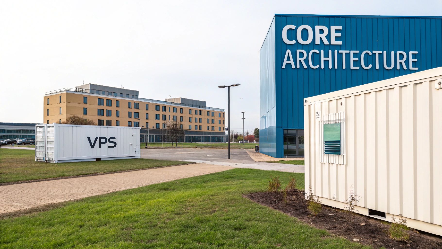 A modern campus scene featuring a white container labeled 'VPS' and a blue building with 'CORE ARCHITECTURE'.