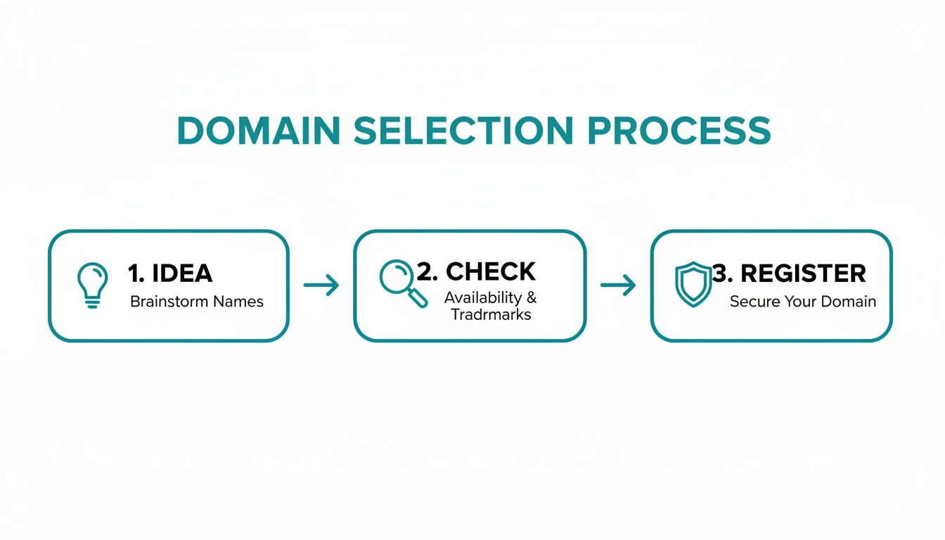 Infographic showing a three-step domain selection process with brainstorming, checking availability, and registration.