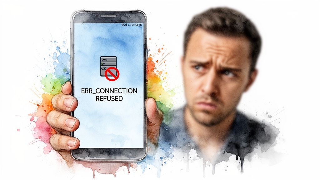 A frustrated person holds a smartphone displaying an 'ERR_CONNECTION REFUSED' message with a server icon.