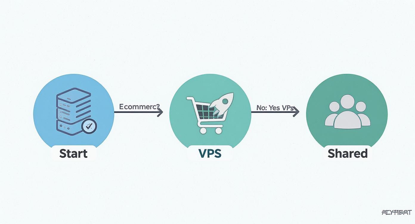 Diagram showing ecommerce hosting decision flowchart from start to VPS or shared hosting options