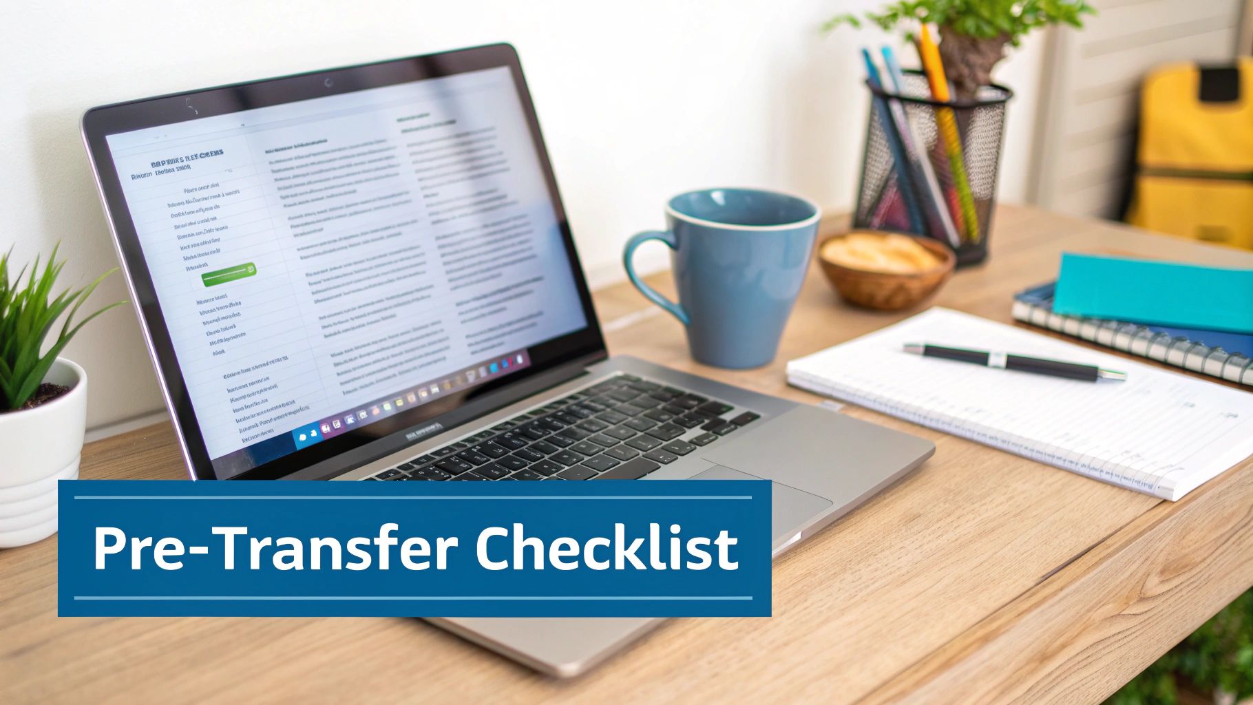 Workspace with a laptop displaying a checklist, a blue mug, and a notepad. Overlaid text: Pre-Transfer Checklist.
