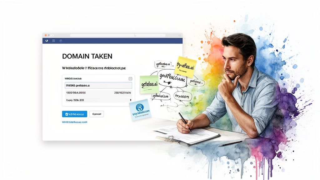 A man brainstorms domain names with sticky notes and mind map while a browser shows 'DOMAIN TAKEN'.
