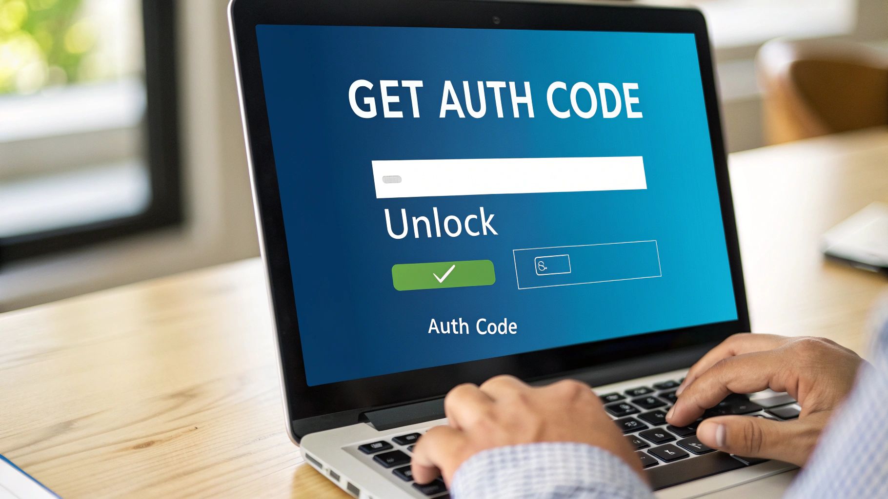 A person types on a laptop screen displaying a 'Get Auth Code' message for unlocking.