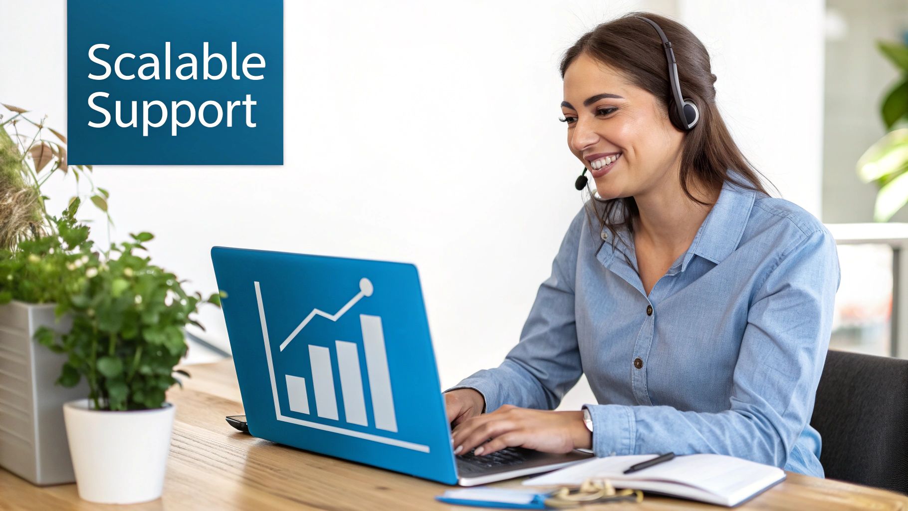A smiling woman in a headset provides scalable support, working on a laptop with a growth chart.