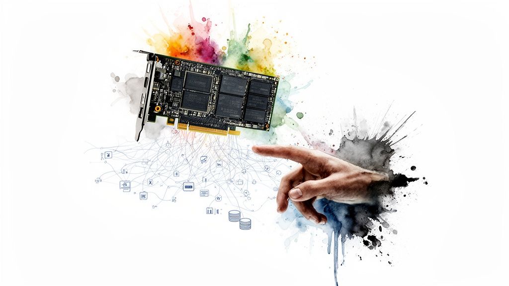 A computer circuit board with digital network connections, a pointing hand, and vibrant watercolor art.