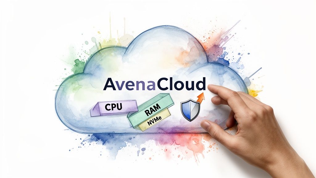 AvenaCloud with CPU, RAM, NVMe components and security shield, symbolizing cloud computing services.