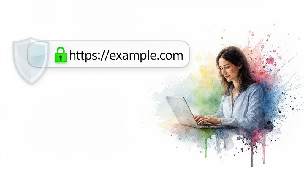 A woman securely browsing with a laptop, showing a green padlock and shield icon in the browser.