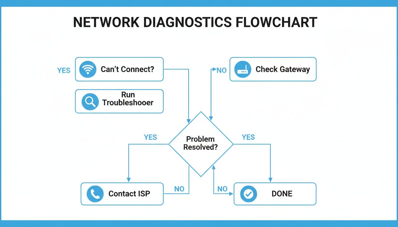 A network diagnostics flowchart illustrating steps to troubleshoot connectivity issues, from checking connection to contacting ISP.