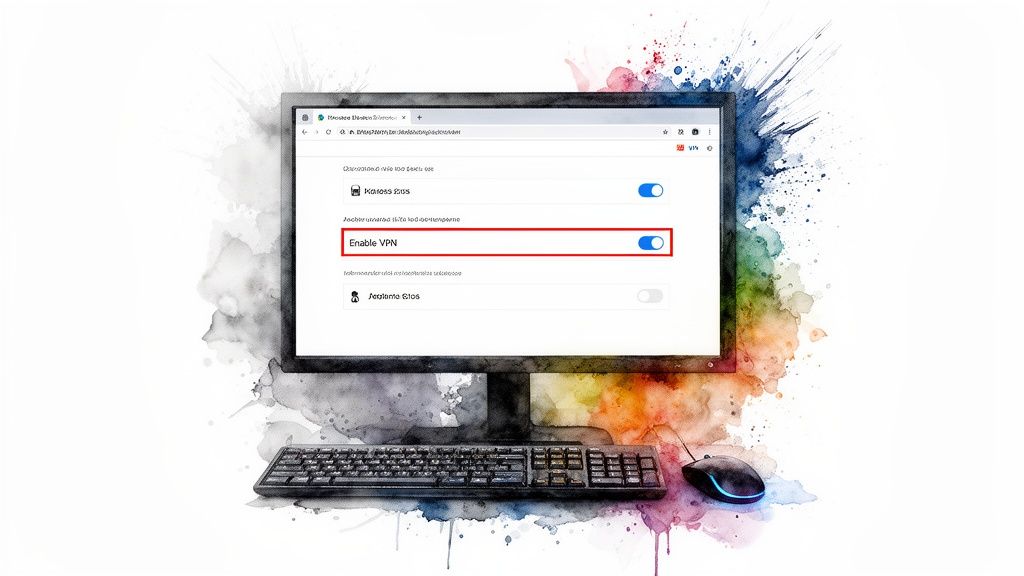 A computer monitor displays Opera browser settings, with 'Enable VPN' highlighted and switched on.