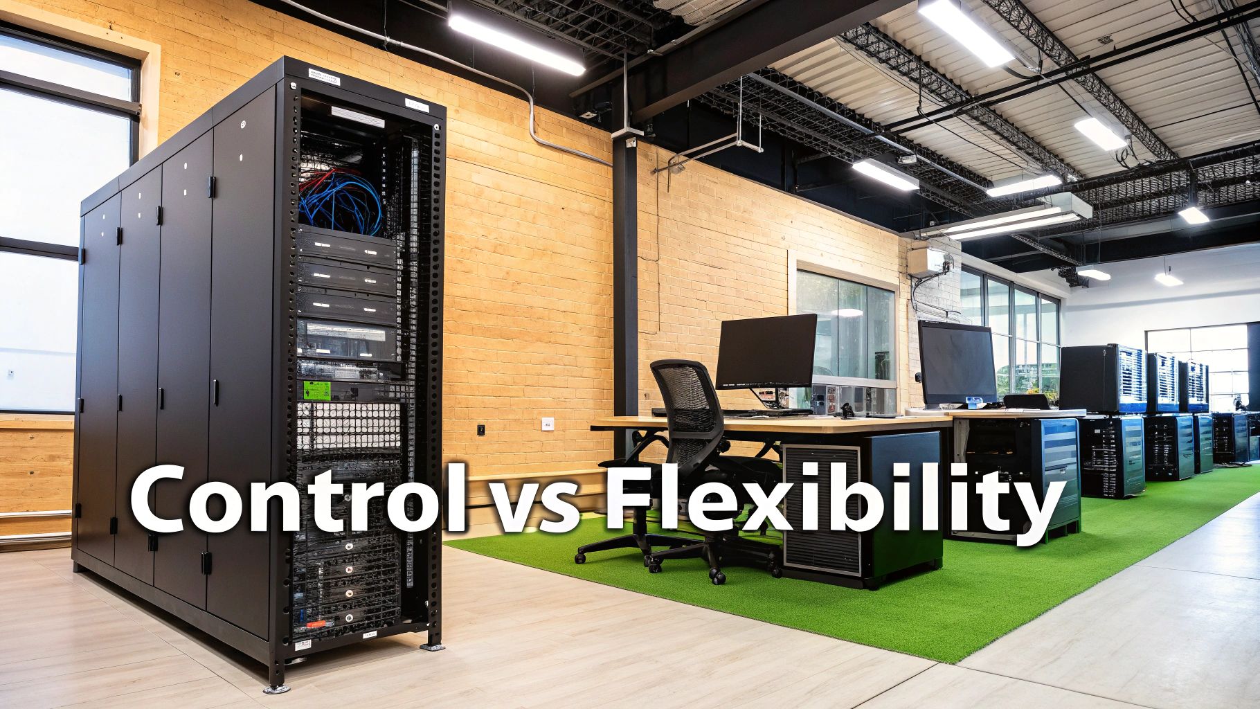 Modern server infrastructure and office workspace illustrating control versus flexibility in IT solutions
