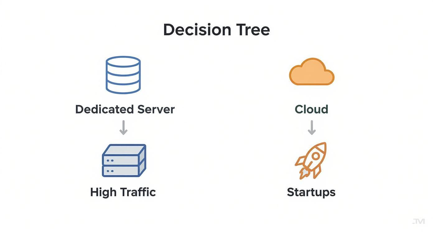 Decision tree diagram comparing dedicated server for high traffic versus cloud hosting for startups