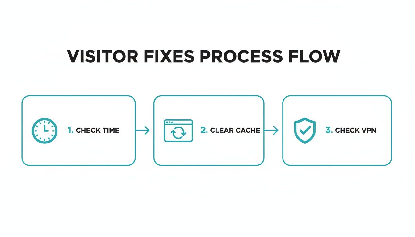 A visitor fixes process flow chart showing three steps: check time, clear cache, and check VPN.