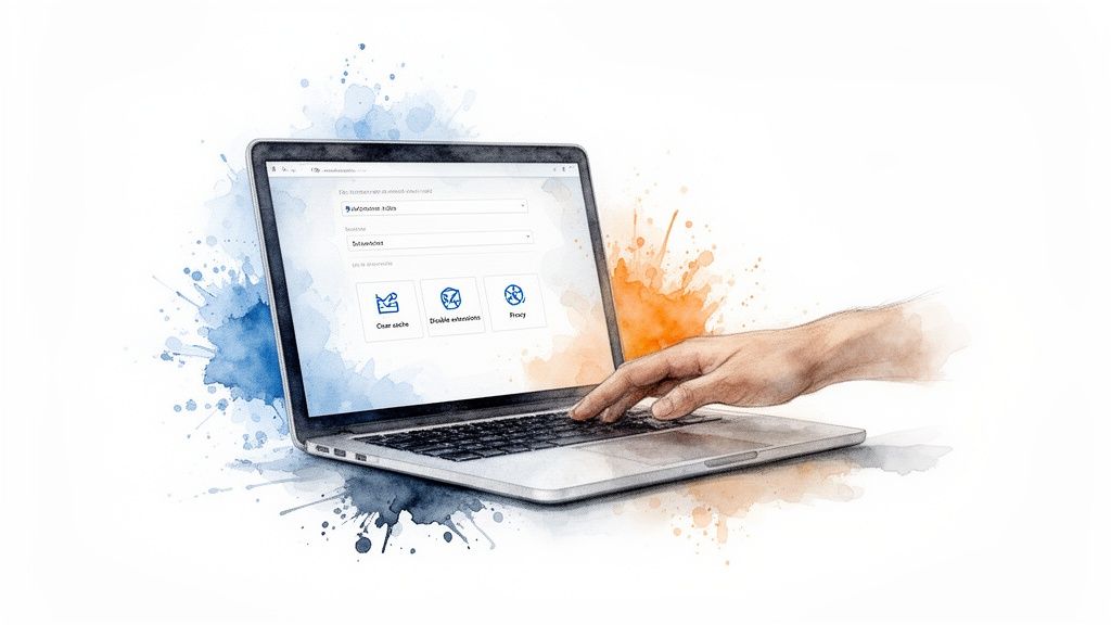 Hand interacting with a laptop displaying web interface options on a watercolor background.