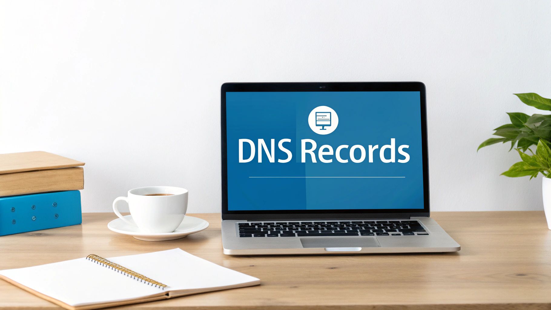 A laptop displays 'DNS Records' on its screen on a wooden desk with a coffee cup and books.