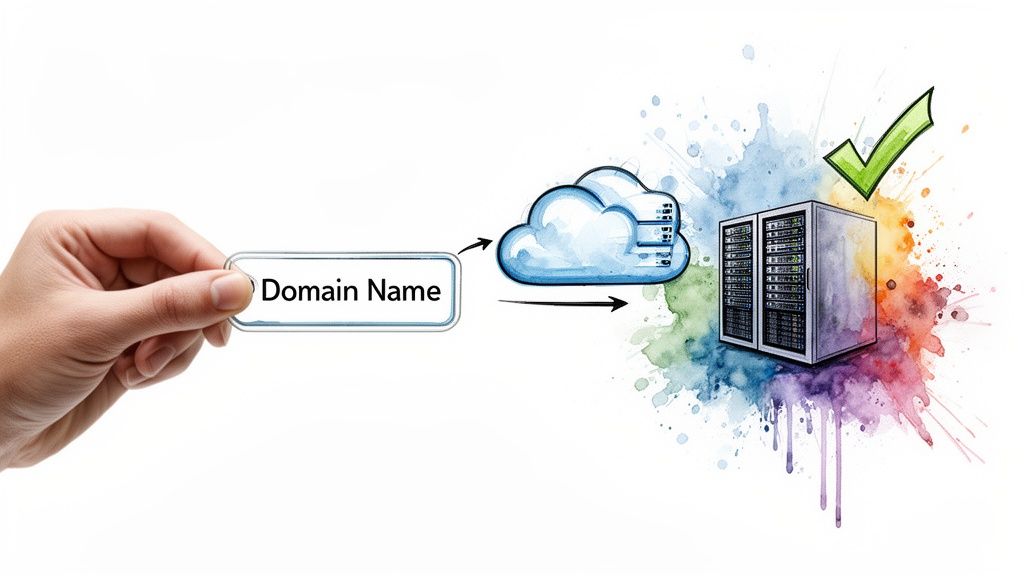A hand connects a domain name to cloud hosting and server racks, indicating a successful setup.