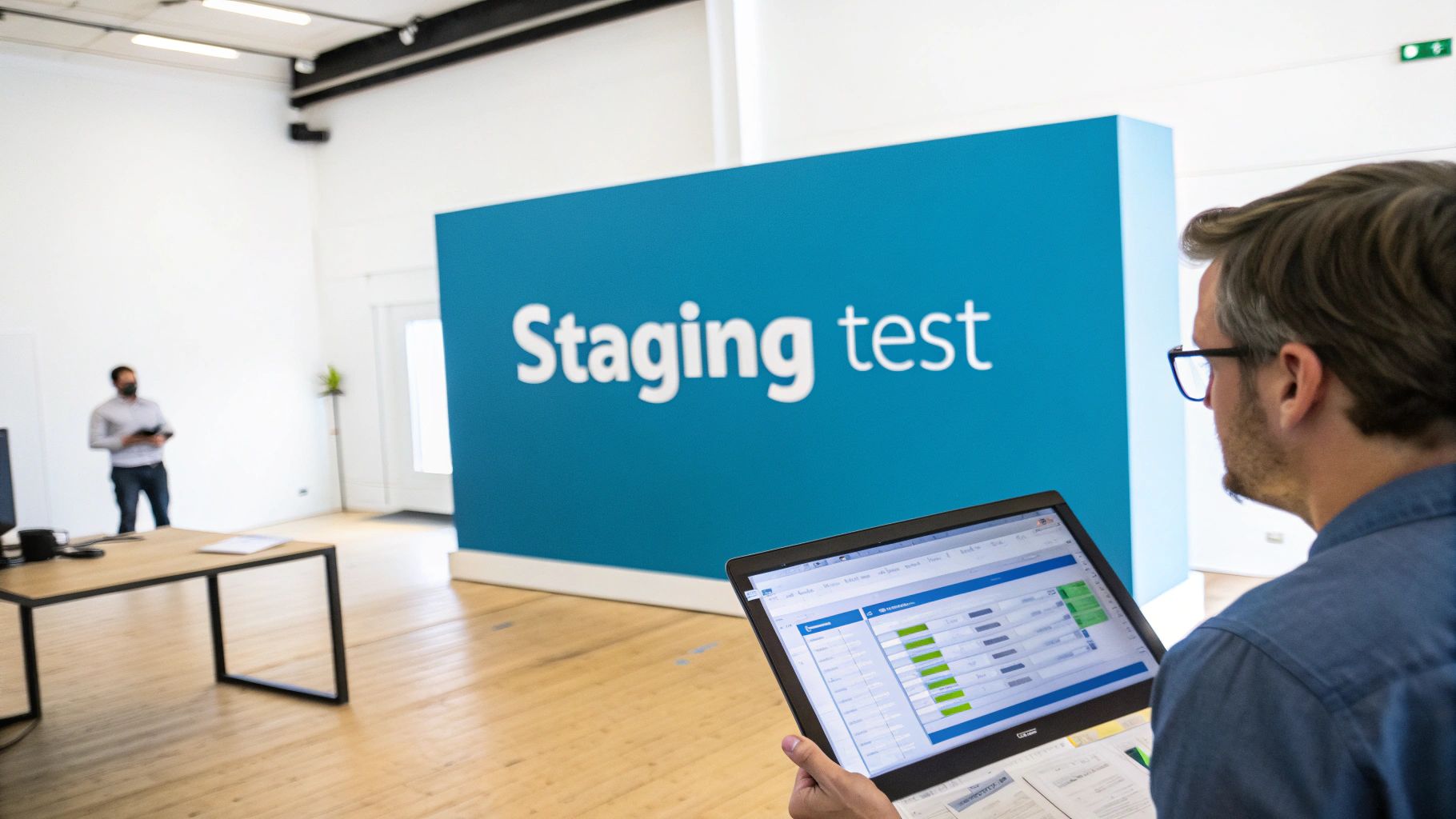 A man in glasses reviews data on a tablet, with a 'Staging test' blue wall in the background.