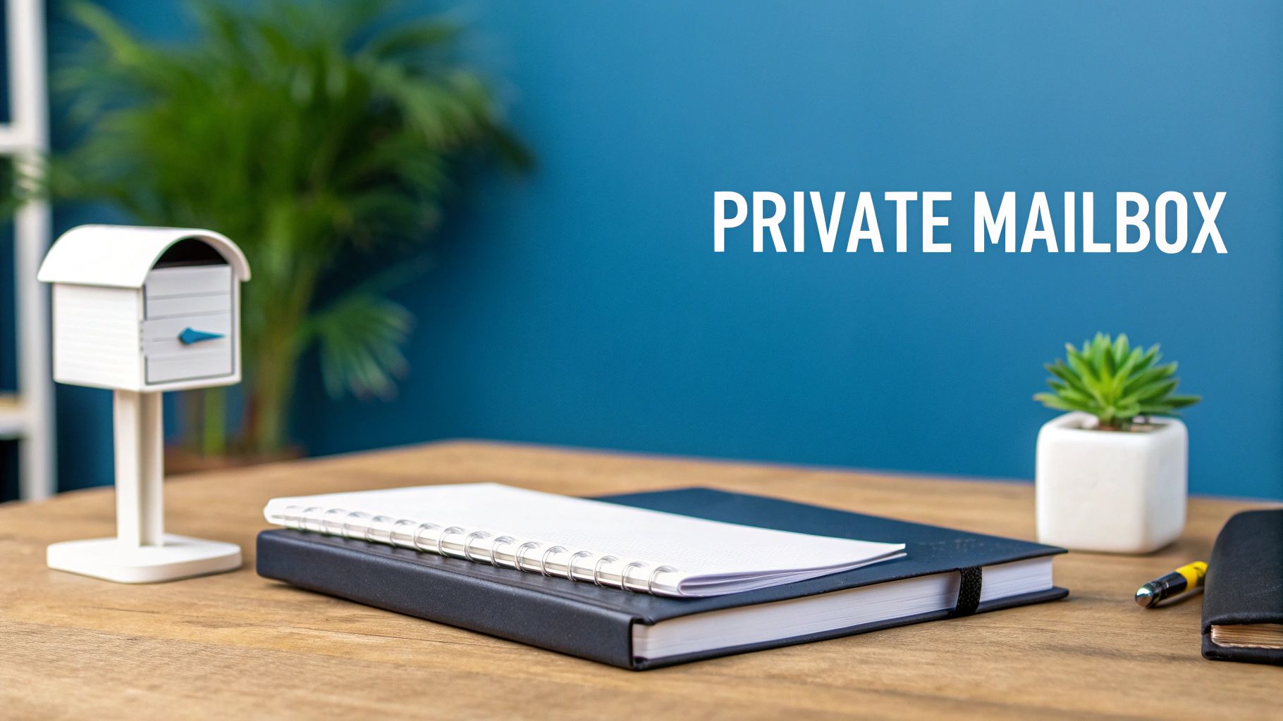 A miniature private mailbox figurine on a wooden desk with notebooks, a succulent, and a pen.
