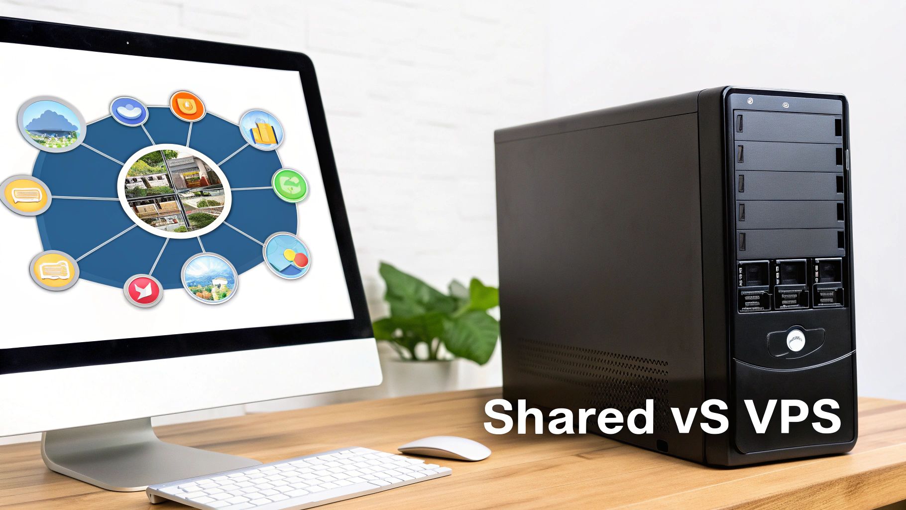 Desktop computer and monitor displaying network diagram comparing shared versus VPS hosting solutions