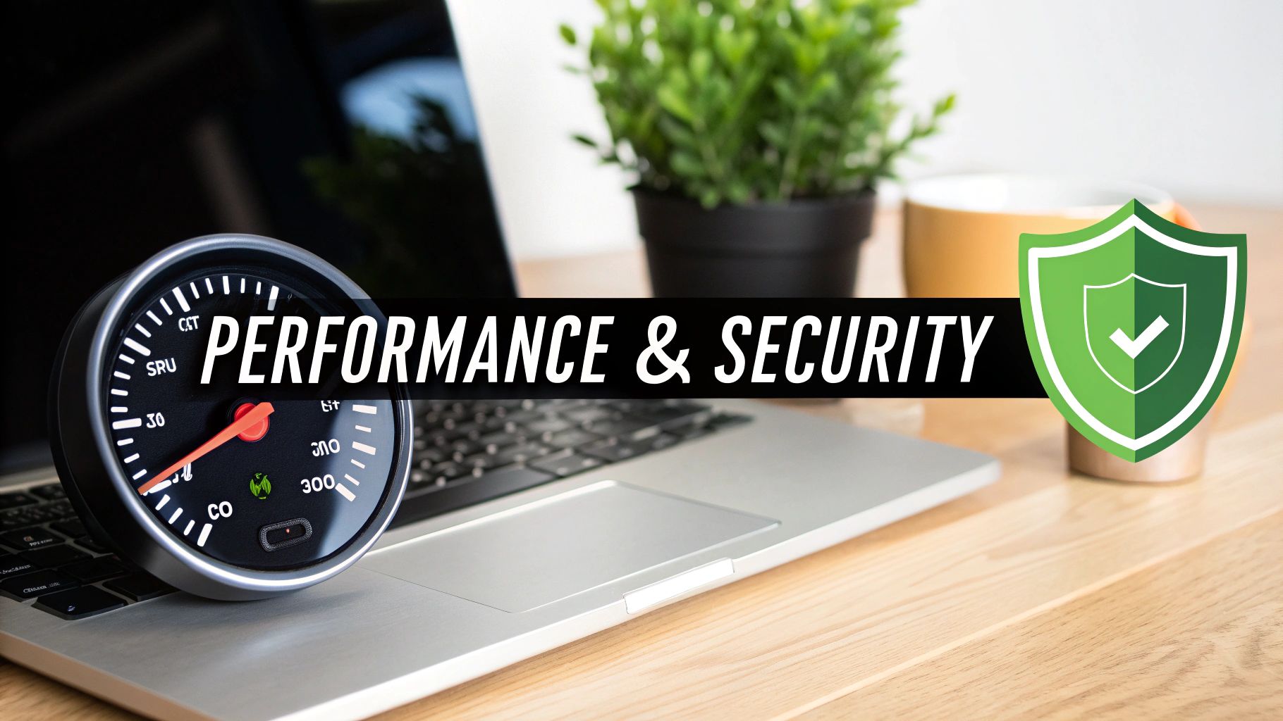 Performance speedometer and security shield icon on laptop representing website performance and security features