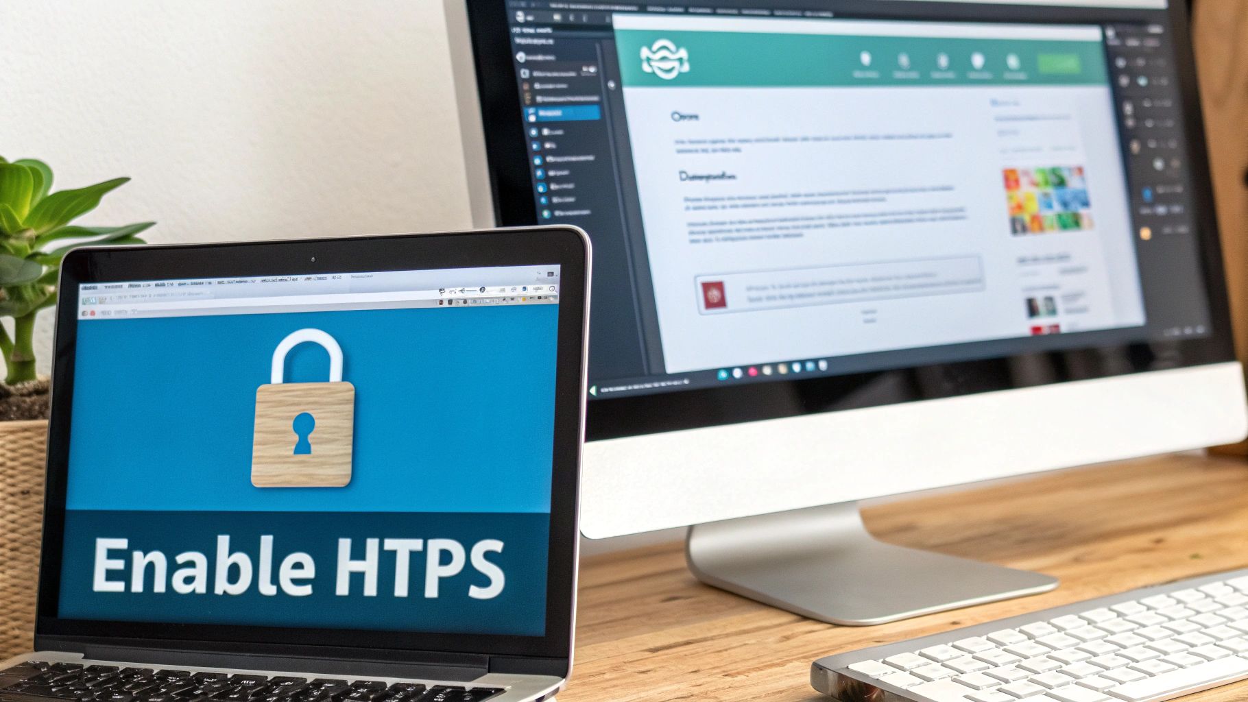 A laptop displaying 'Enable HTTPS' with a padlock icon, next to a desktop showing a website interface.