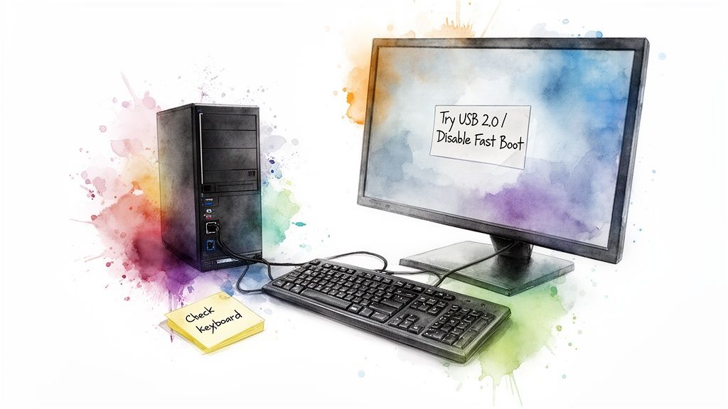 Watercolor illustration of a desktop computer setup with troubleshooting notes on the monitor and a sticky note.
