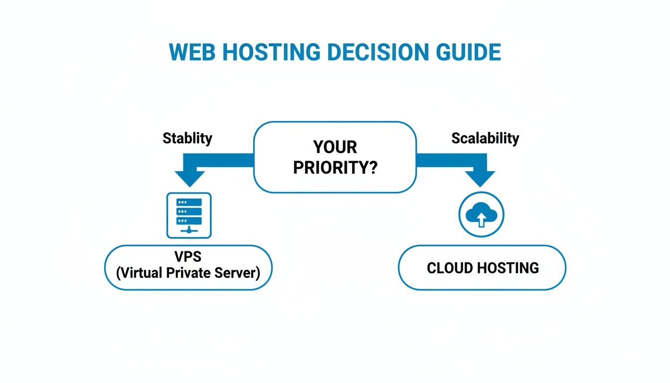 Decision guide comparing VPS for stability and Cloud Hosting for scalability in web hosting.
