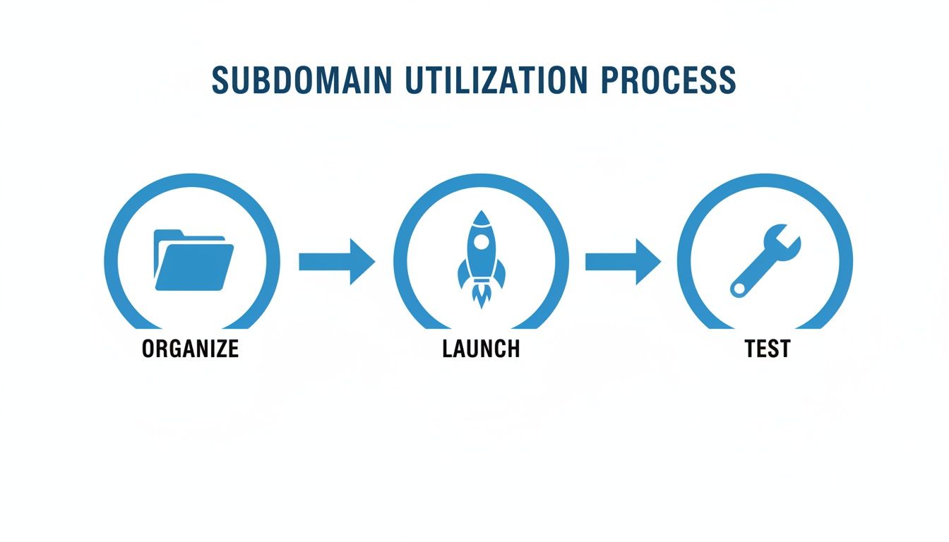 Infographic detailing the subdomain utilization process, showing steps: organize, launch, and test.