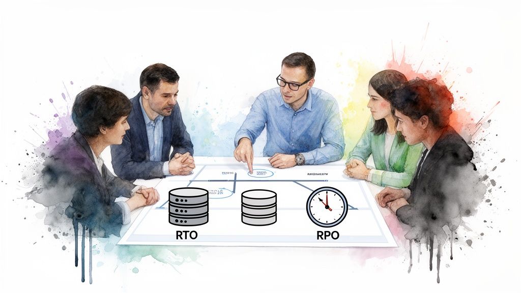 Business team analyzing a disaster recovery plan with RTO and RPO metrics.