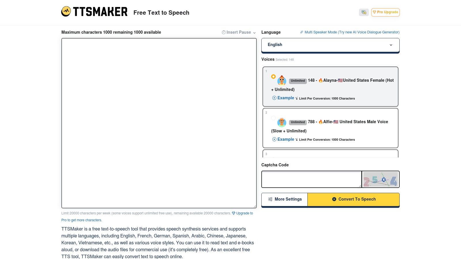 TTSMaker's simple interface for generating voice-overs