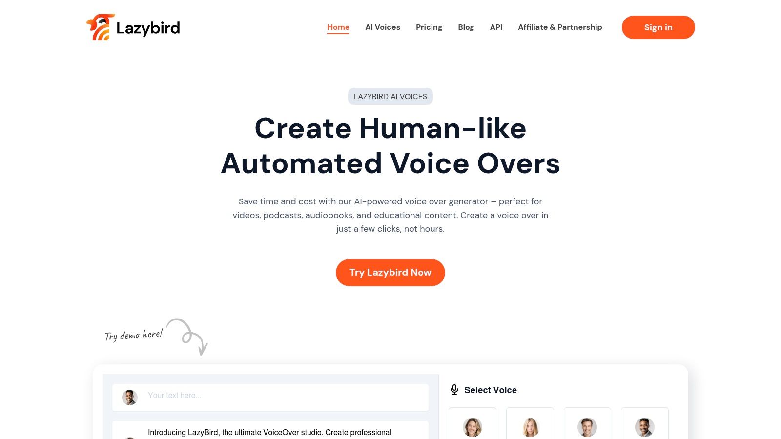 Lazybird's user-friendly interface for generating AI voice-overs