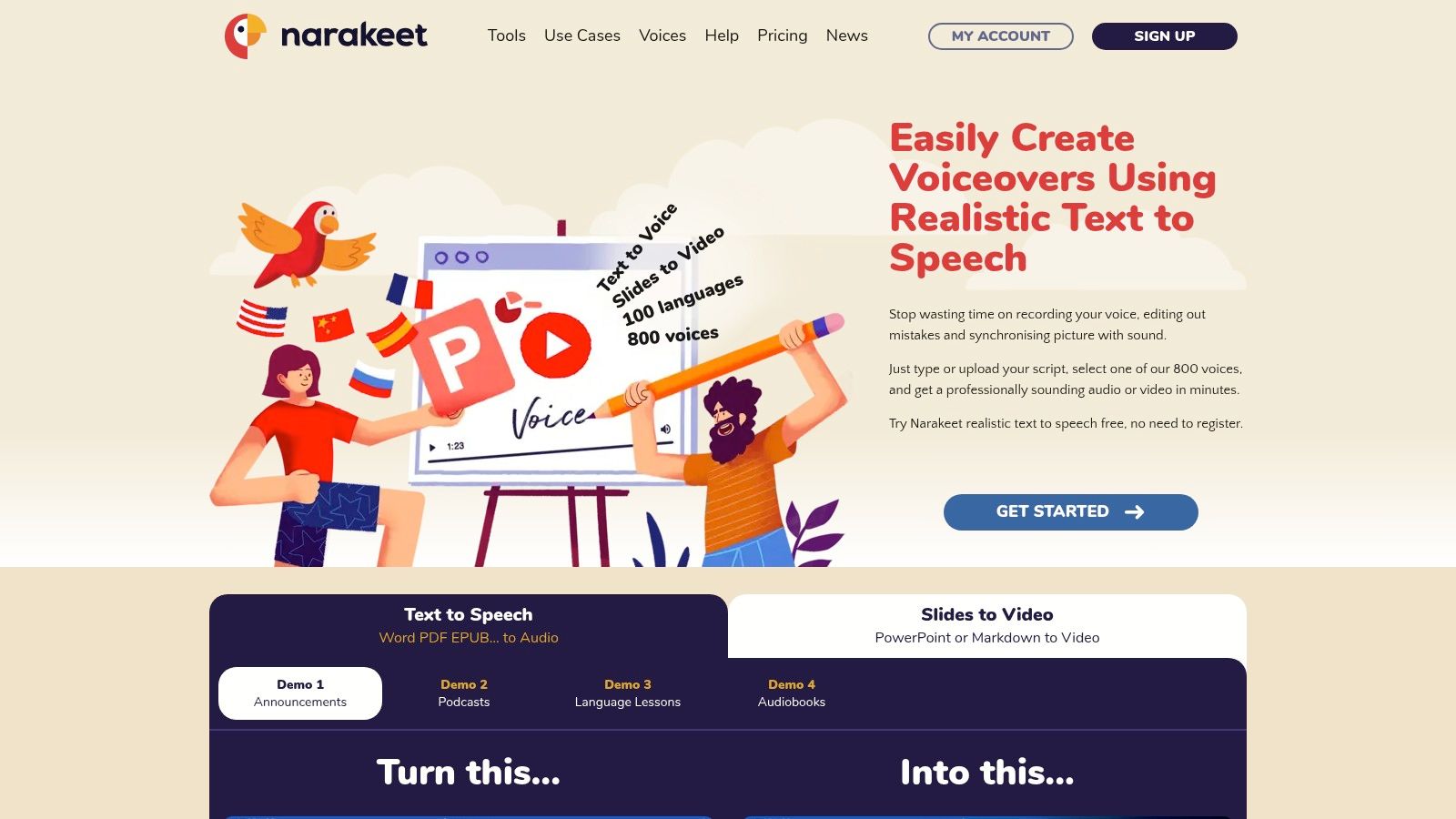 Narakeet's interface for converting text and presentations to voice-overs