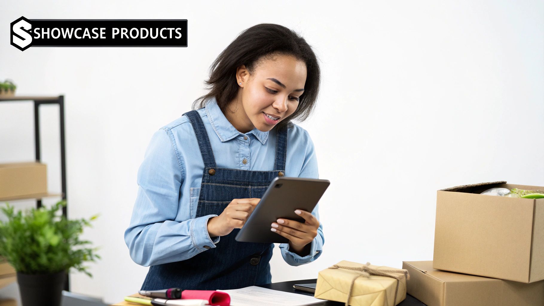 امرأة شابة سوداء مبتسمة ترتدي دنيم وتستخدم جهاز تابلت لأعمالها عبر الإنترنت.