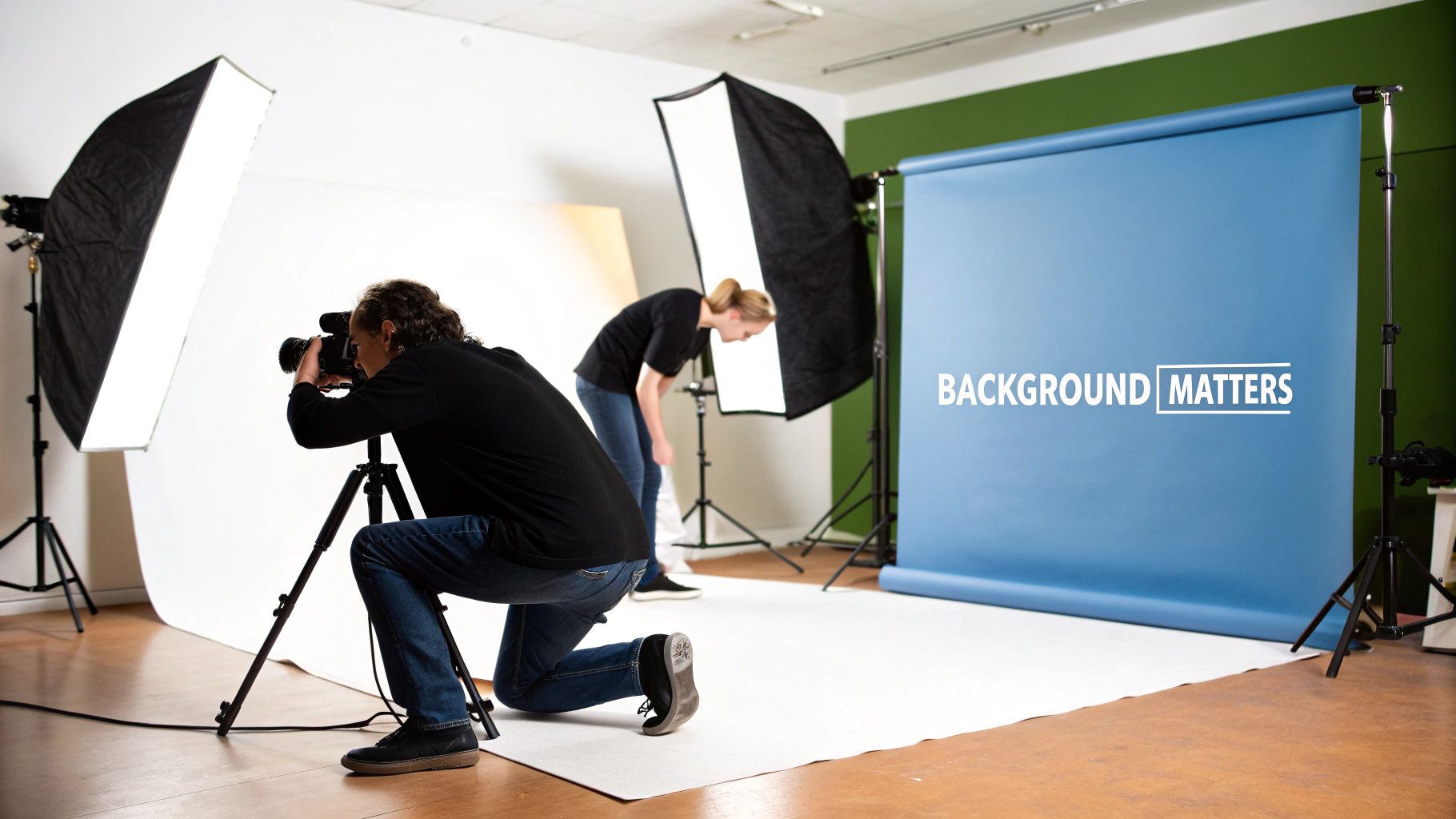 A photographer kneels in a photo studio setup with lights and a blue background.