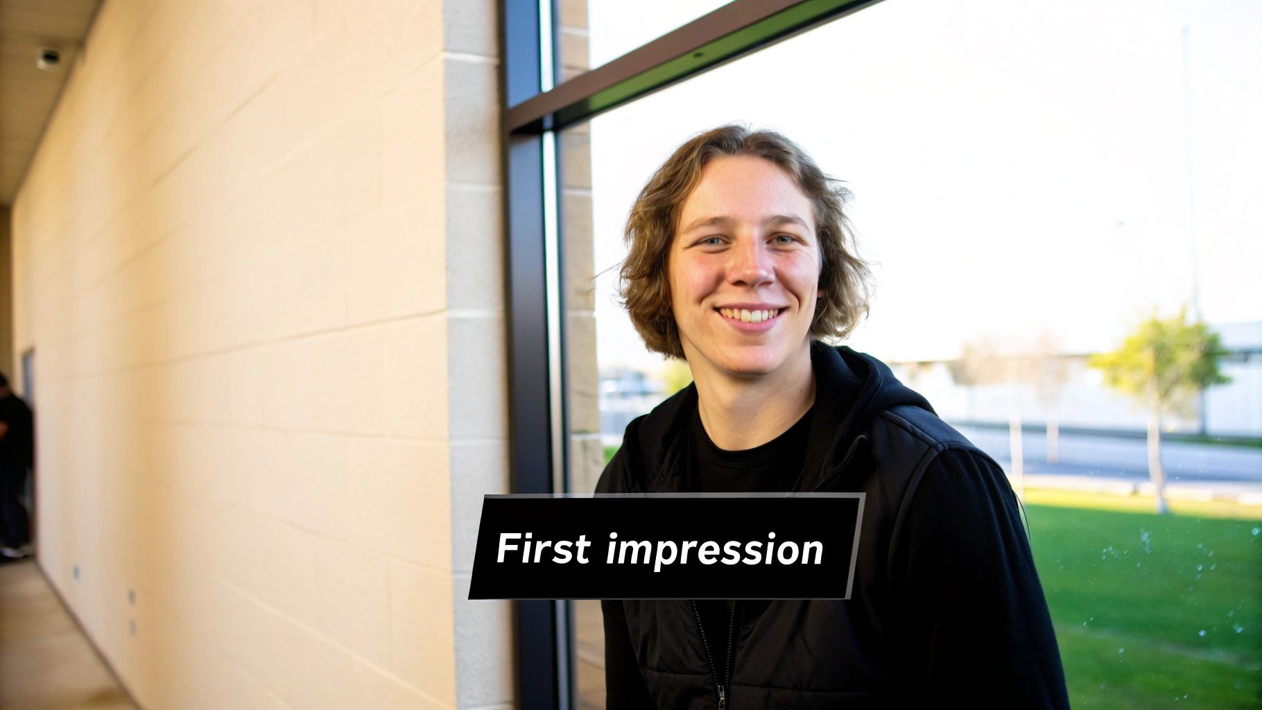 Ein lächelnder junger Mann mit welligem braunem Haar schaut direkt in die Kamera, drinnen an einem großen Fenster.
