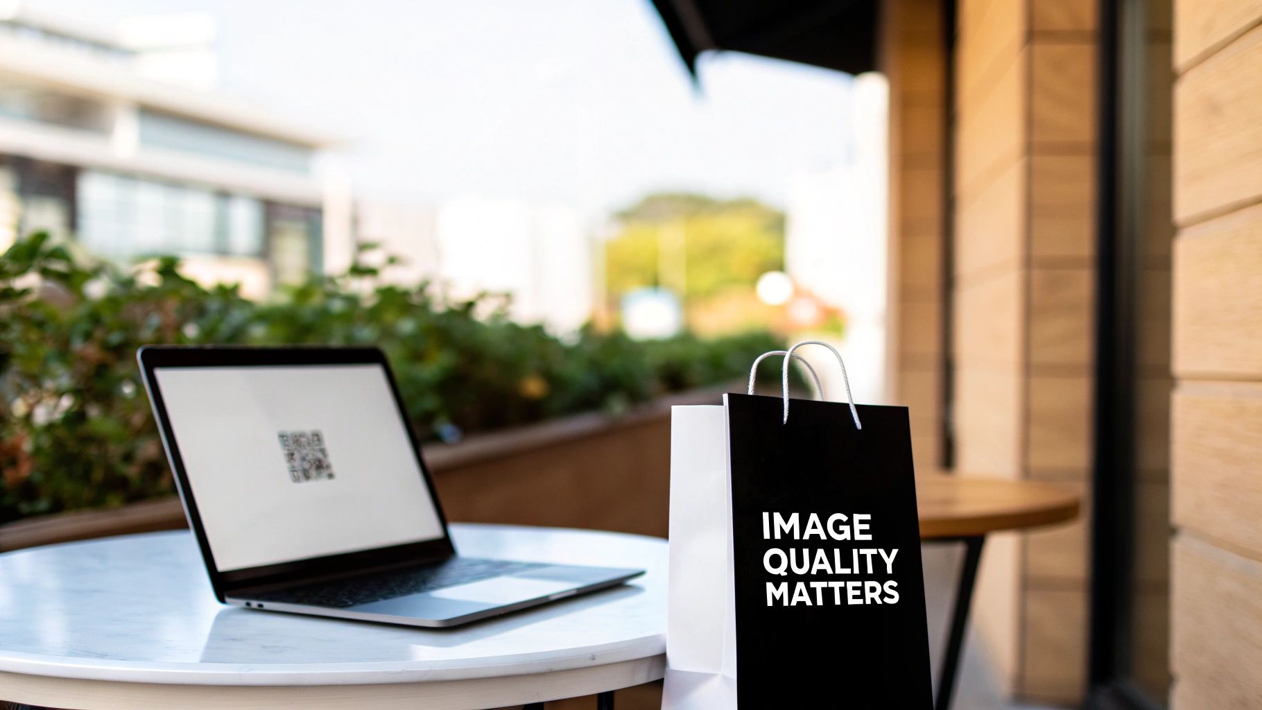 A laptop displaying a QR code and a black shopping bag with 'IMAGE QUALITY MATTERS' text on an outdoor table.
