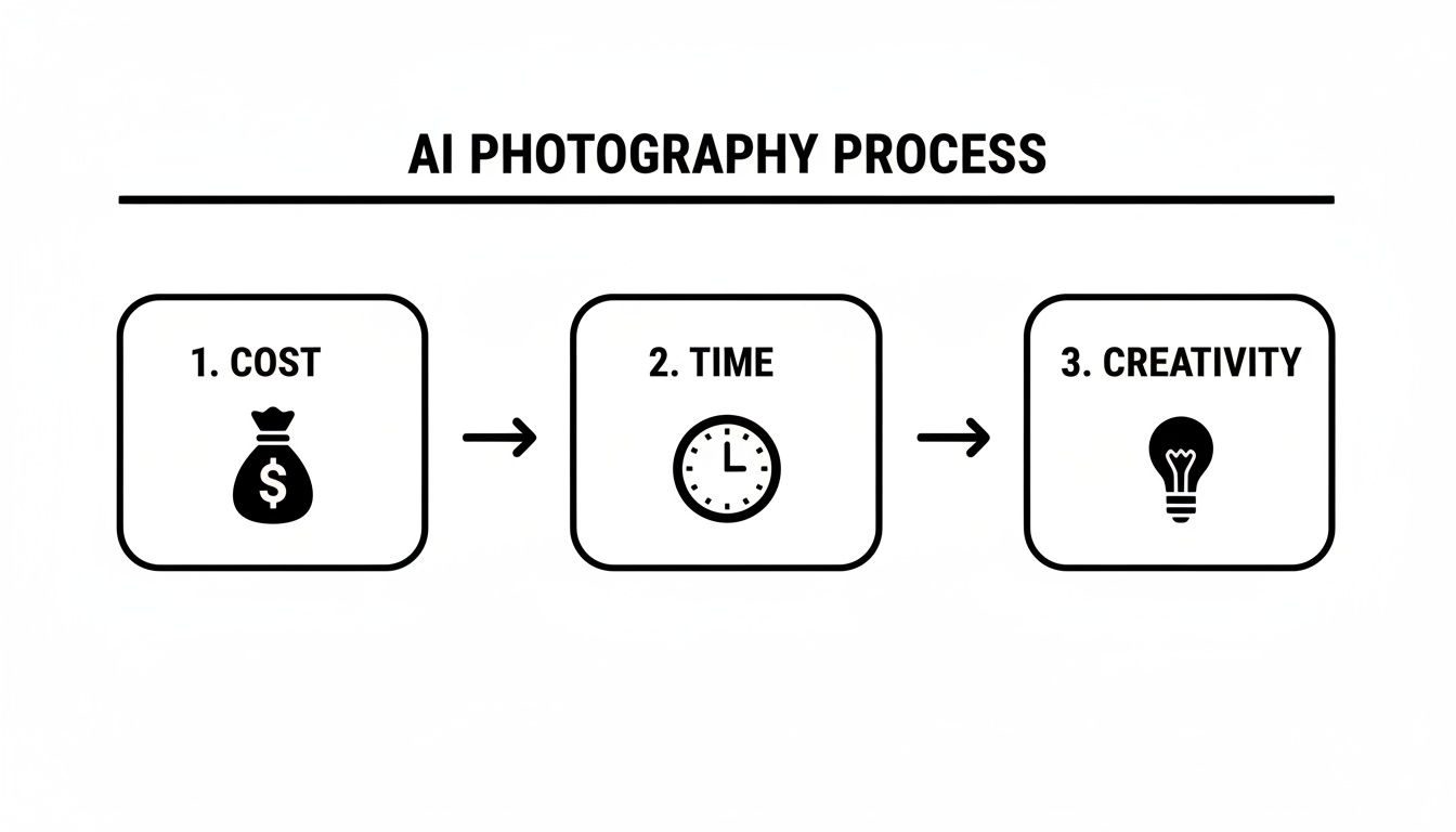 展示 AI 摄影流程的图示,强调成本、时间和创意的关键因素