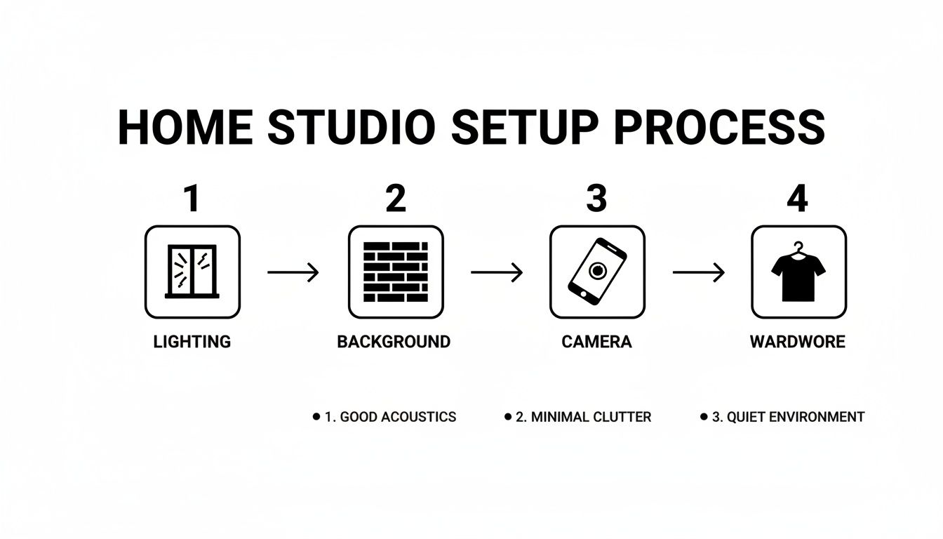 Eine Infografik, die den vierstufigen Aufbau des Heimstudios zeigt: Beleuchtung, Hintergrund, Kamera und Kleidung mit wichtigen Umgebungs-Tipps.