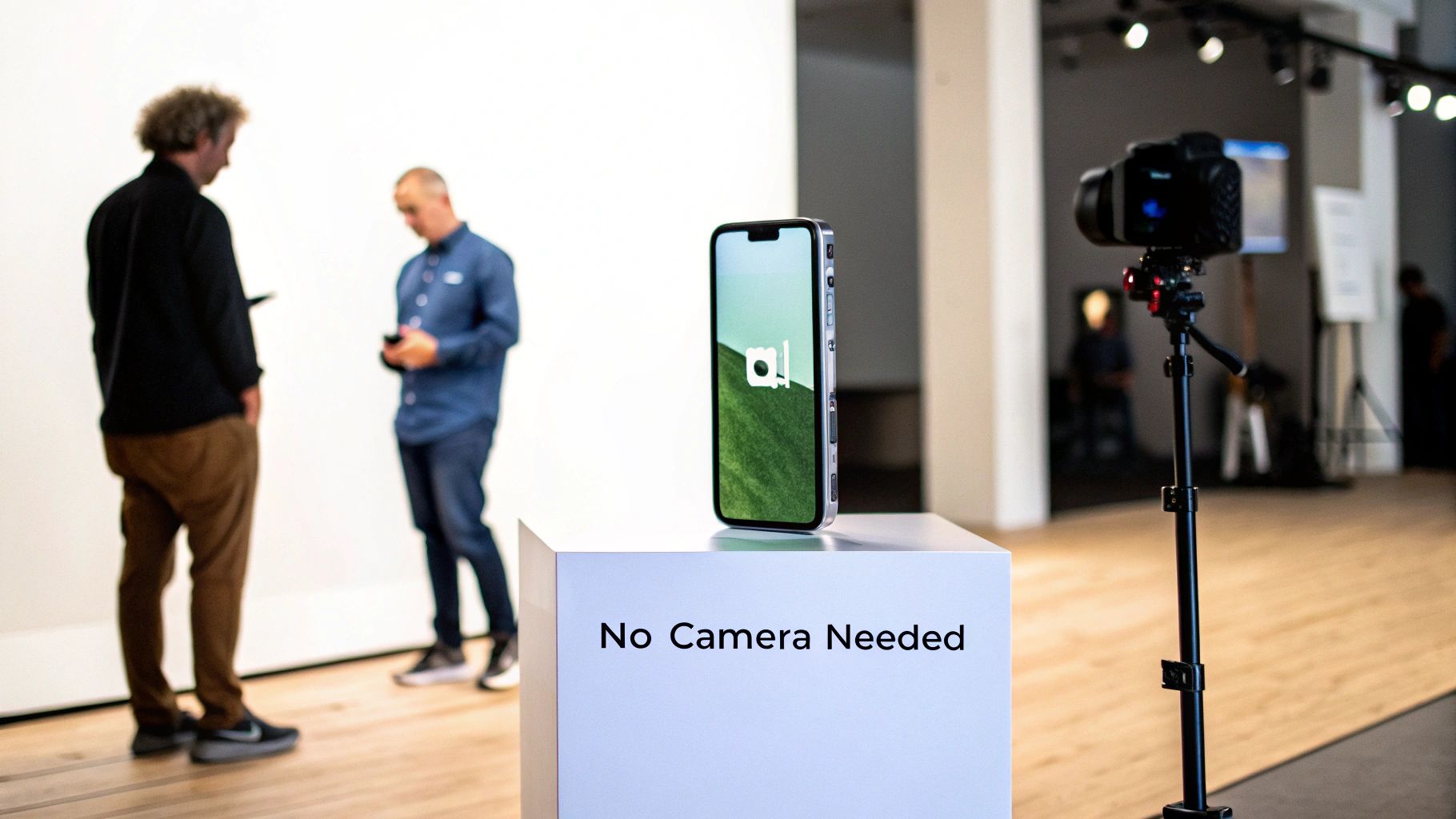 Modern smartphone on a white pedestal displaying an AI app, with 'No Camera Needed' text.