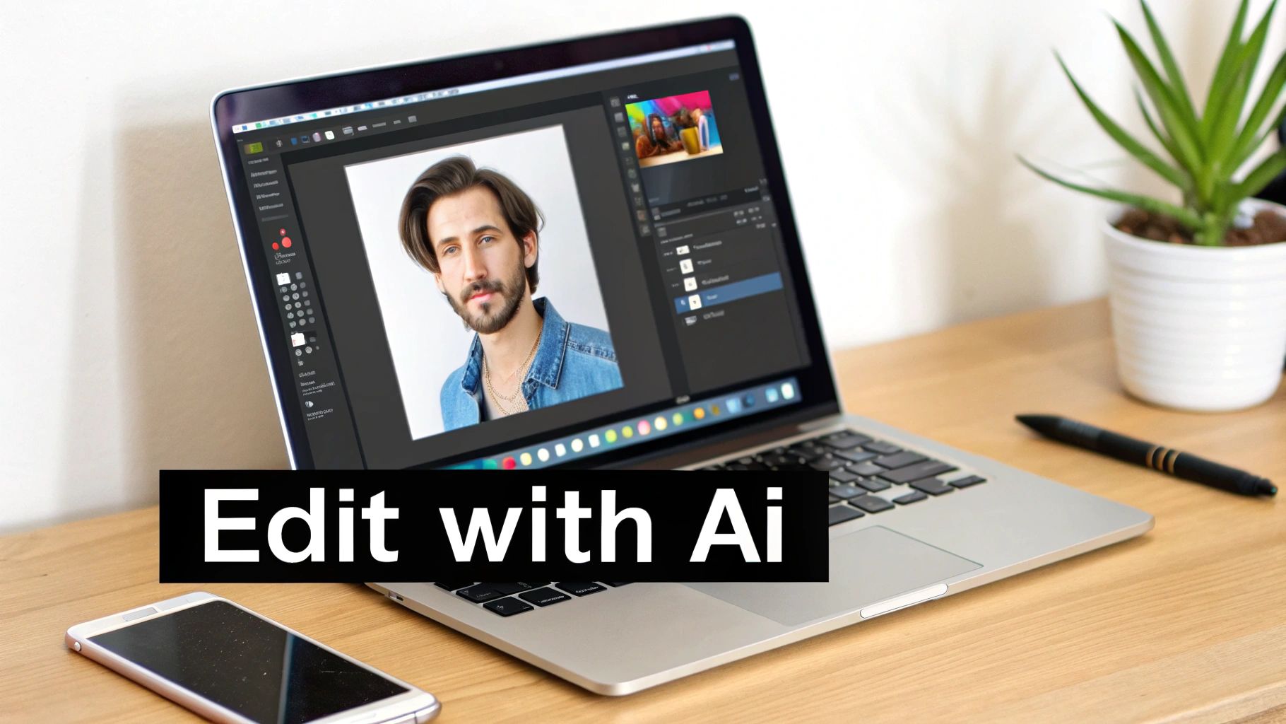 Ein Laptop auf einem Holztisch zeigt eine Fotobearbeitungssoftware mit dem Portrait eines Mannes, hervorgehoben mit 'Edit with Ai'.