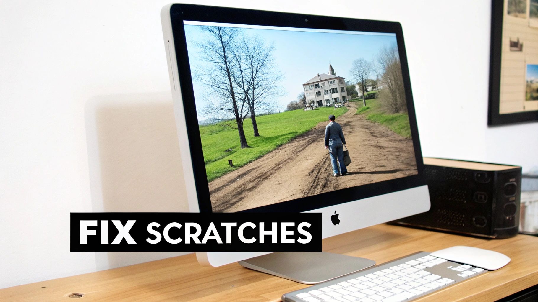 An Apple iMac displaying a scenic rural path with text 'FIX SCRATCHES' on a wooden desk.