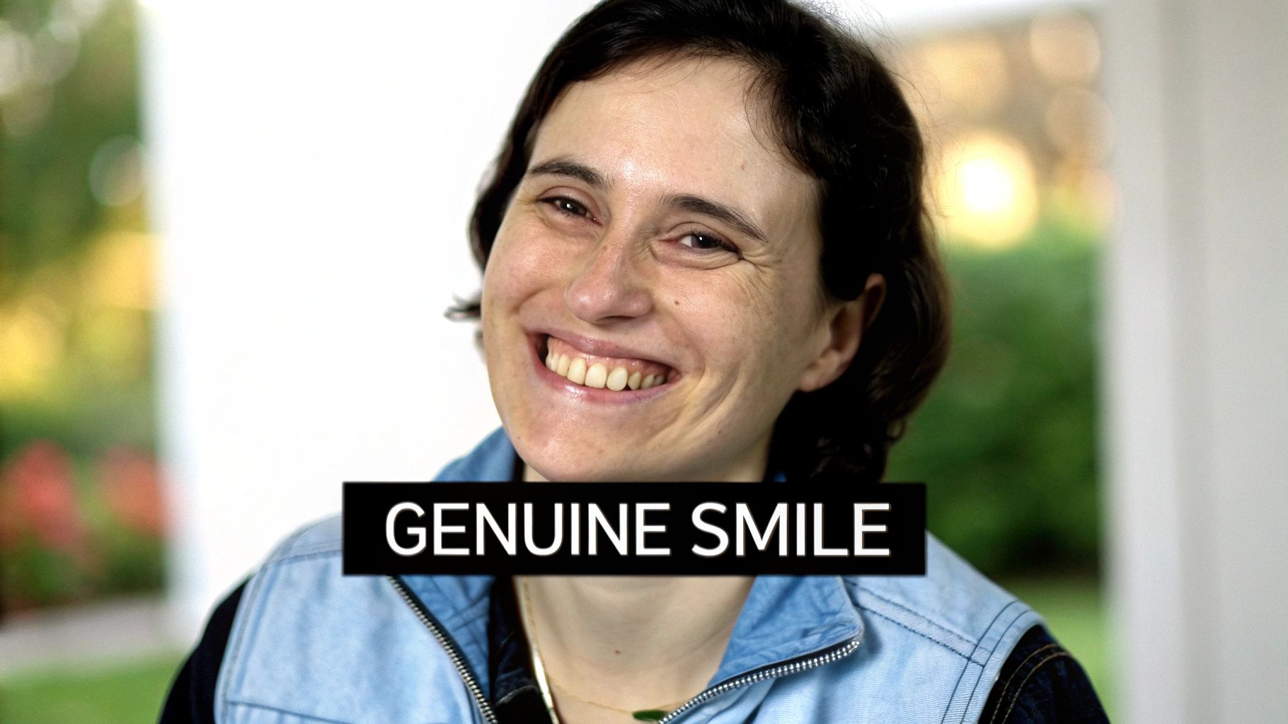 A woman with short dark hair smiles genuinely, wearing a blue denim vest.