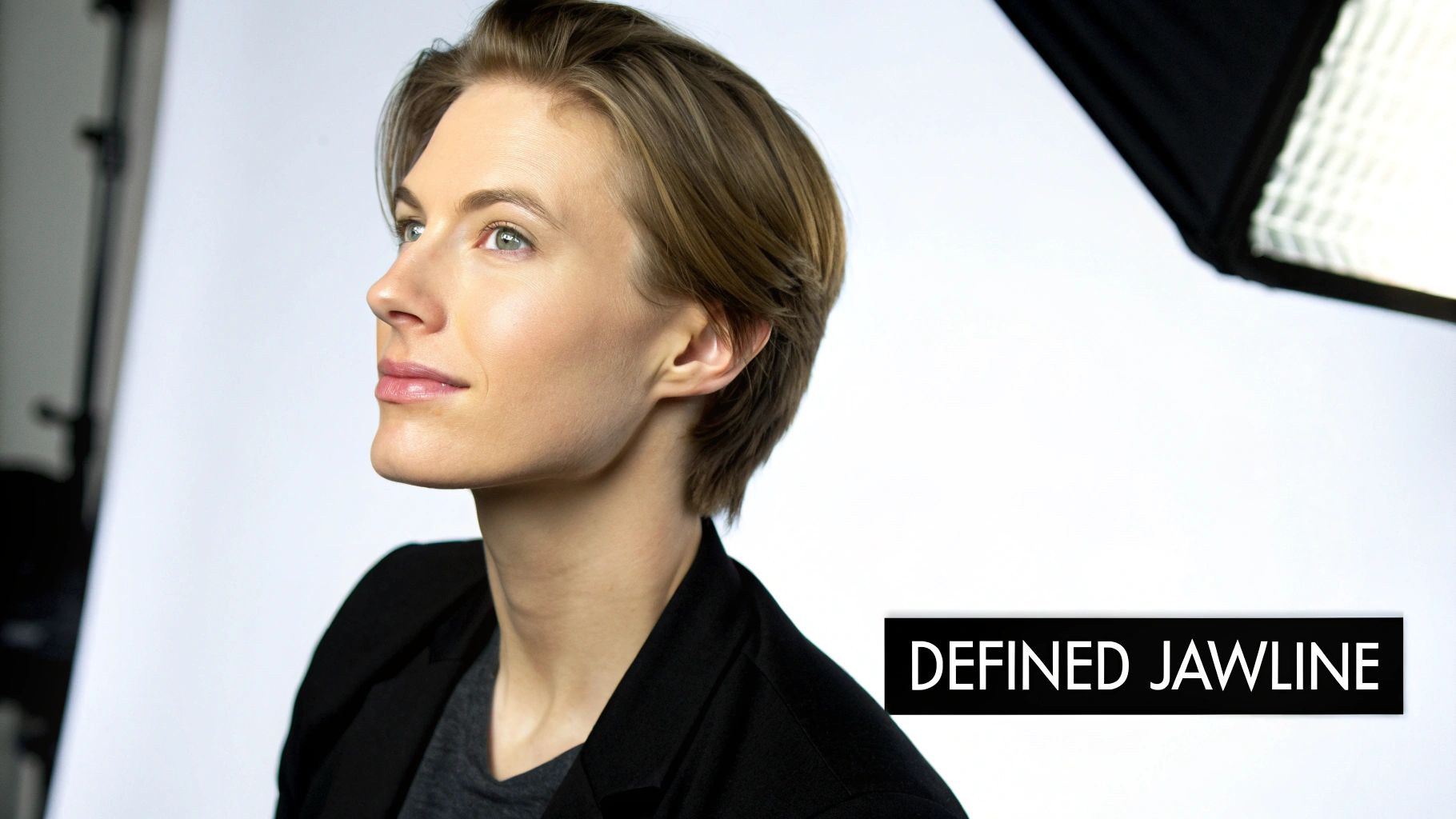 Profile view of a person with a defined jawline, looking up in a professional studio setting.