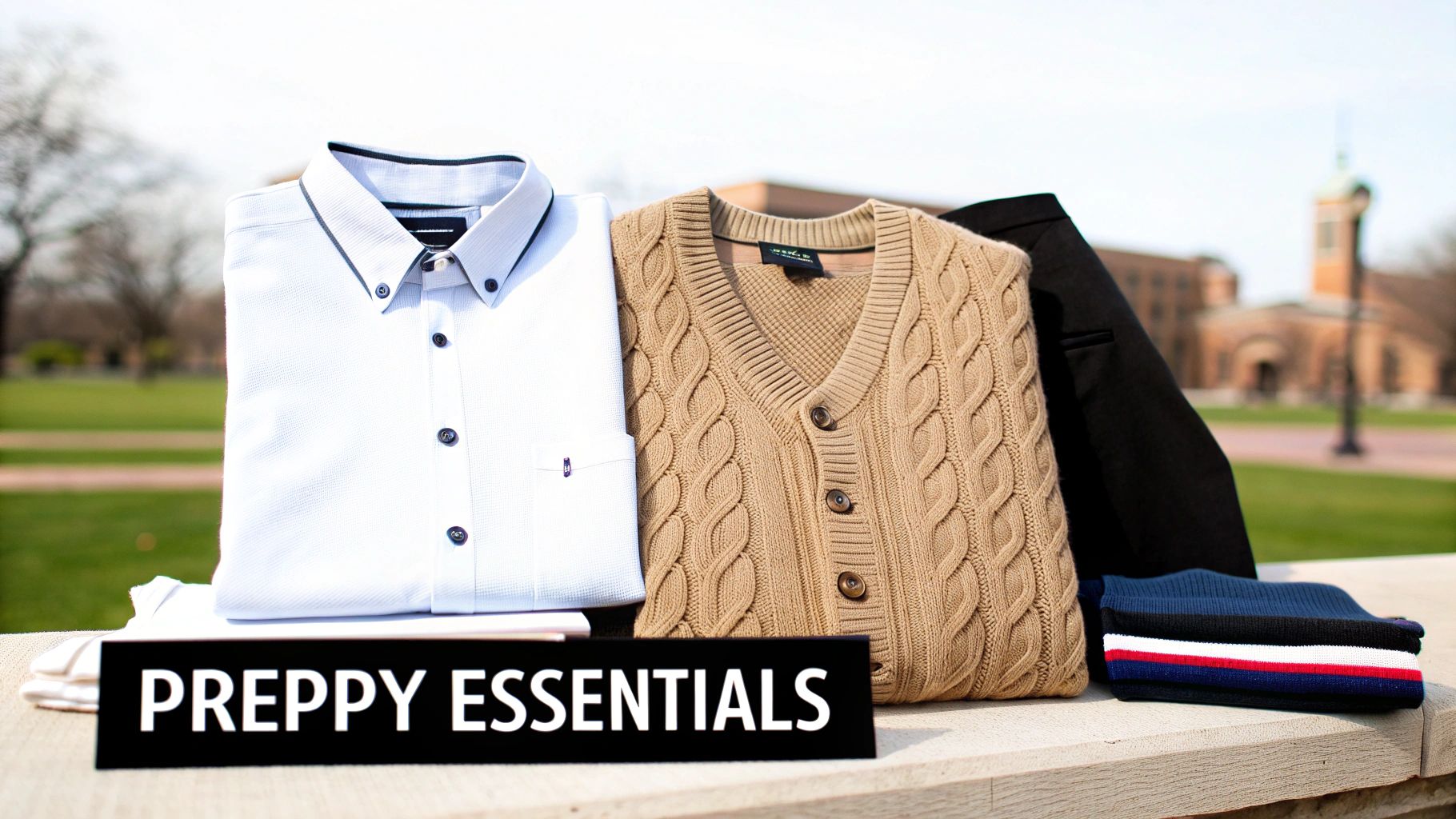 Eine kuratierte Sammlung preppy Essentials, darunter ein weißes Hemd, eine hellbraune Zopfmuster-Strickjacke, ein schwarzer Blazer und eine gestreifte Mütze, auf einer Steinoberfläche mit einem Schild 'PREPPY ESSENTIALS' angezeigt.