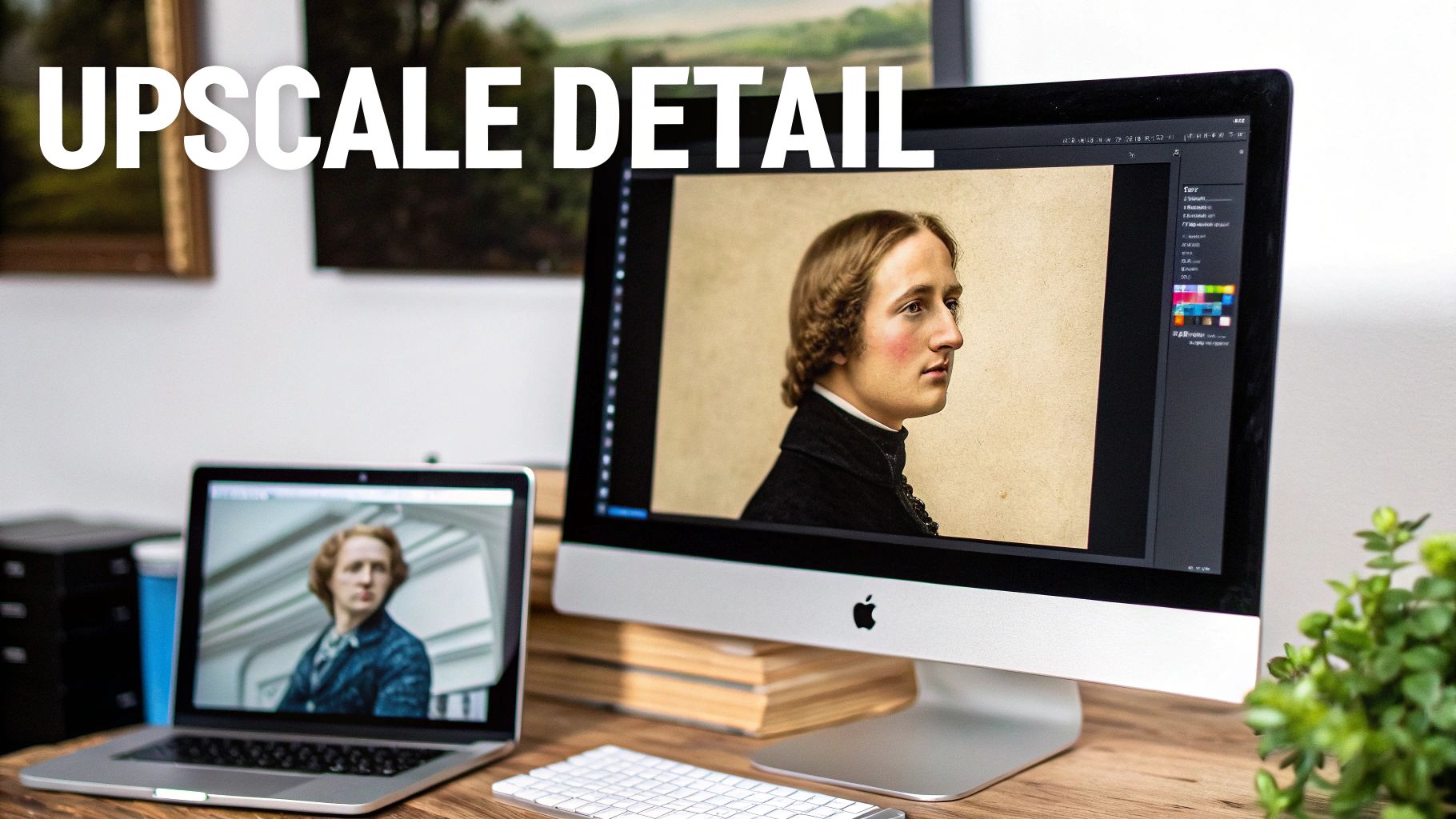 An Apple iMac and MacBook Pro on a wooden desk, showing detailed digital enhancement of a vintage portrait.