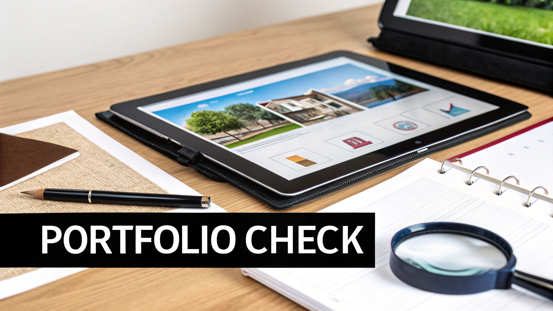A flat lay of a professional desk with a tablet displaying a website, a pen, notebook, and magnifying glass, with 'PORTFOLIO CHECK' text overlay.
