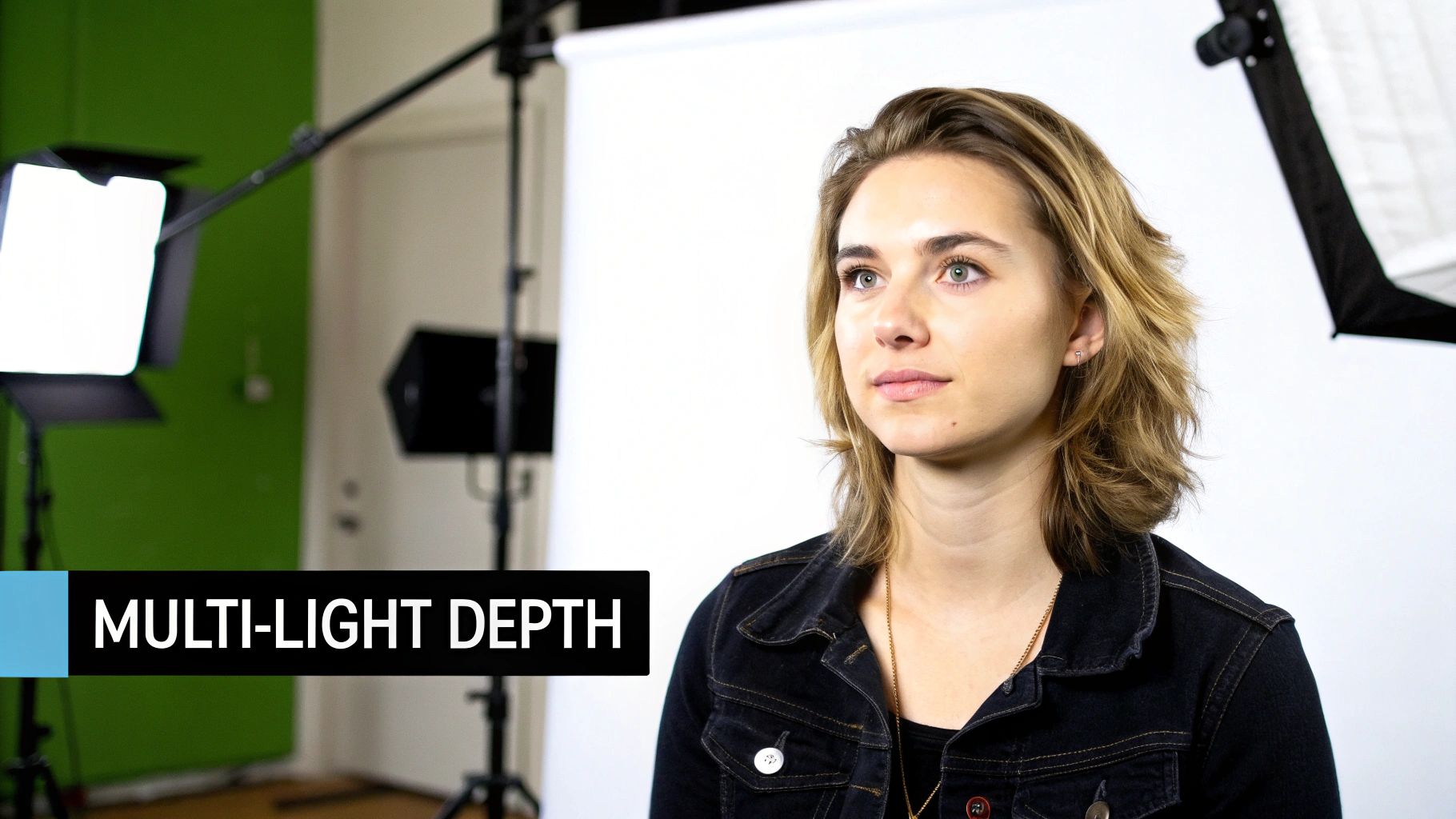 Portrait professionnel en studio d’une femme aux cheveux blonds, illuminée par plusieurs softboxes.