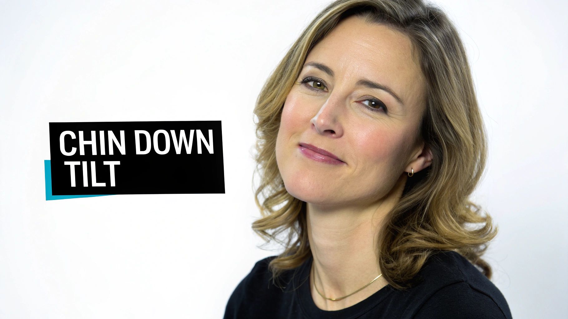 A woman with wavy hair smiles while posing for a headshot with a 'chin down tilt' text overlay.