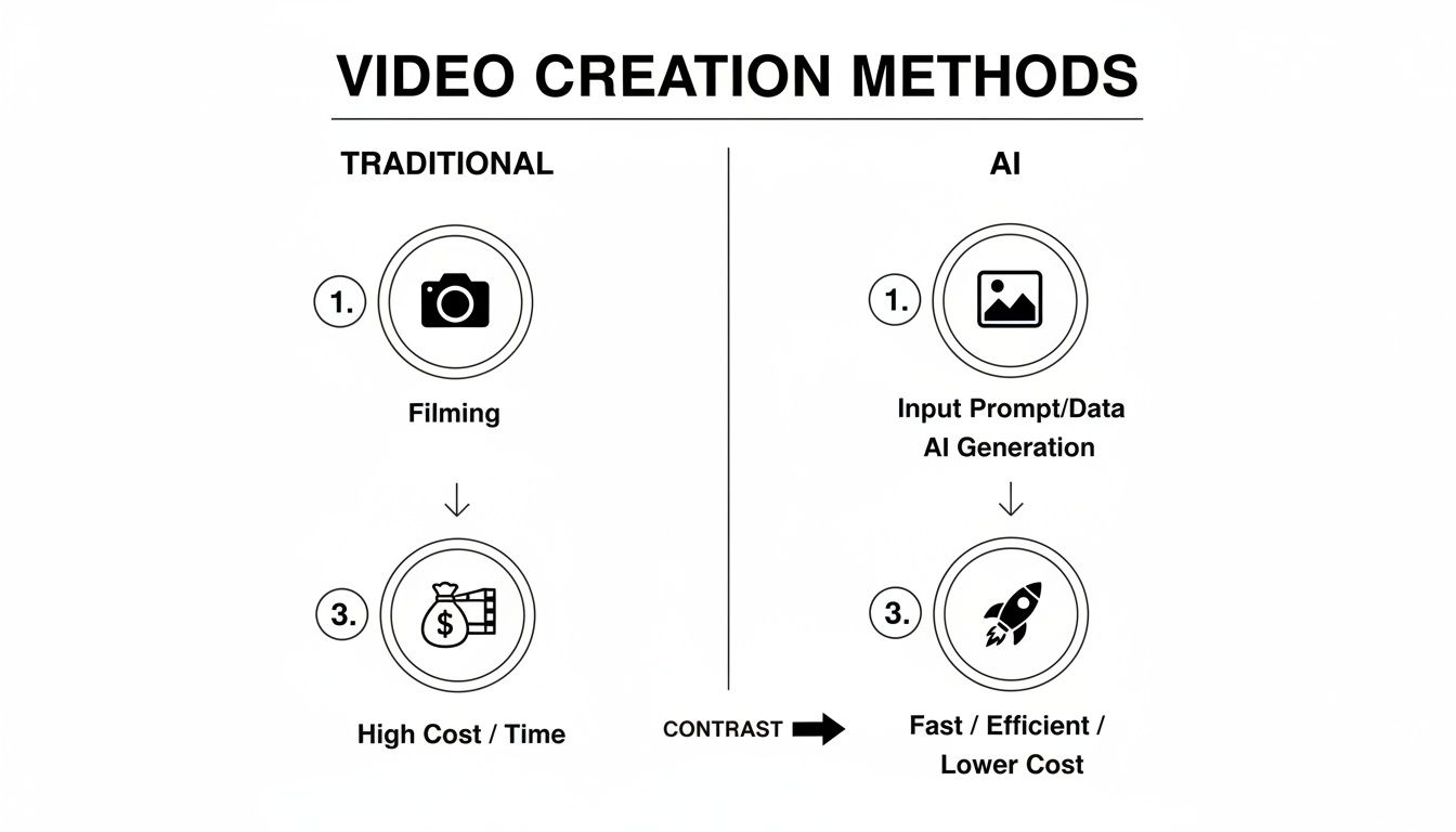 Infographic comparing traditional video creation (filming, high cost/time) with AI generation (fast, efficient, lower cost).