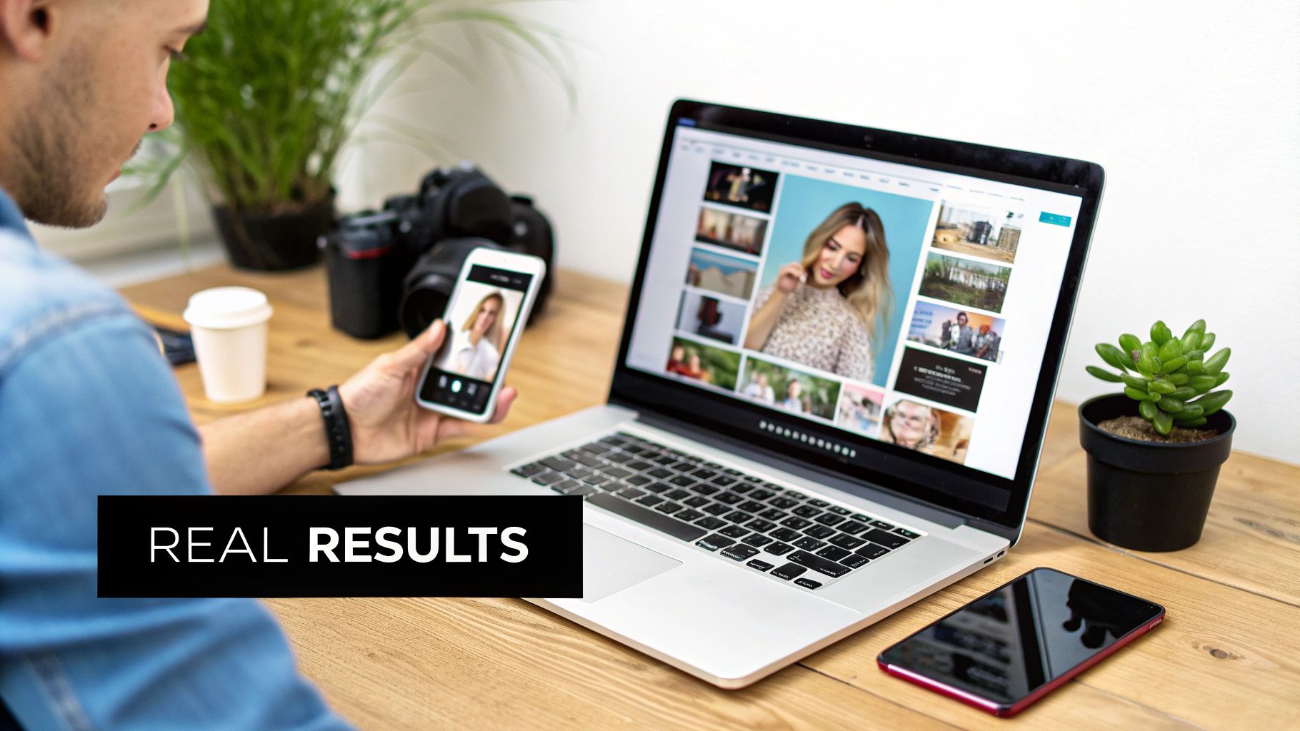 A person holds a smartphone displaying a woman's photo, with a laptop showing a photo gallery and camera.