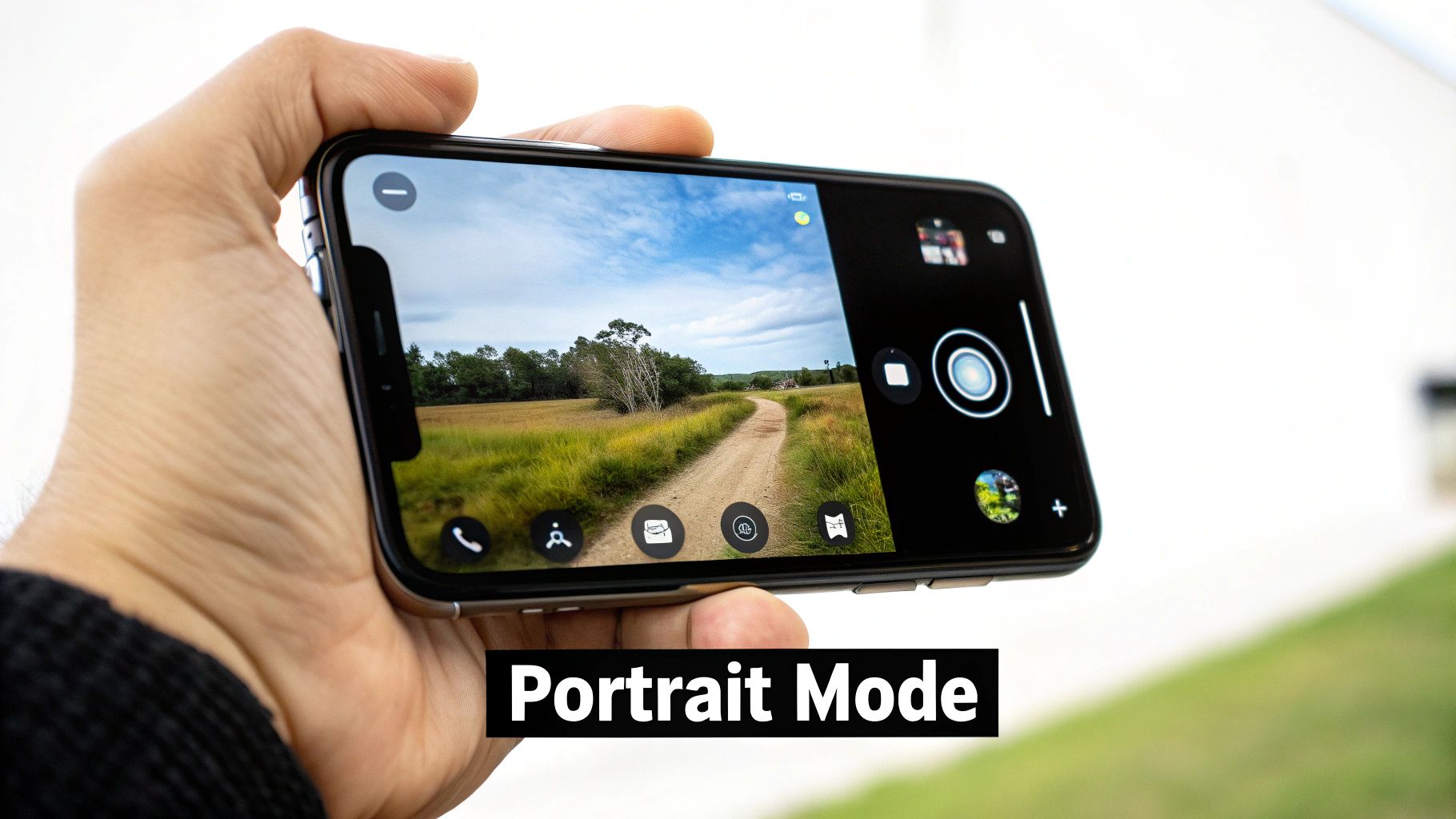 A hand holds an iPhone displaying a camera app in landscape mode with "Portrait Mode" text overlay.